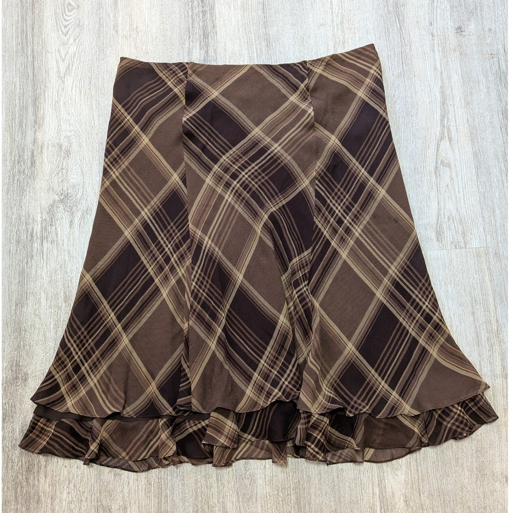 Lauren Ralph Lauren Brown Plaid 100% Silk Ruffle Hem Midi Skirt Medium Petite